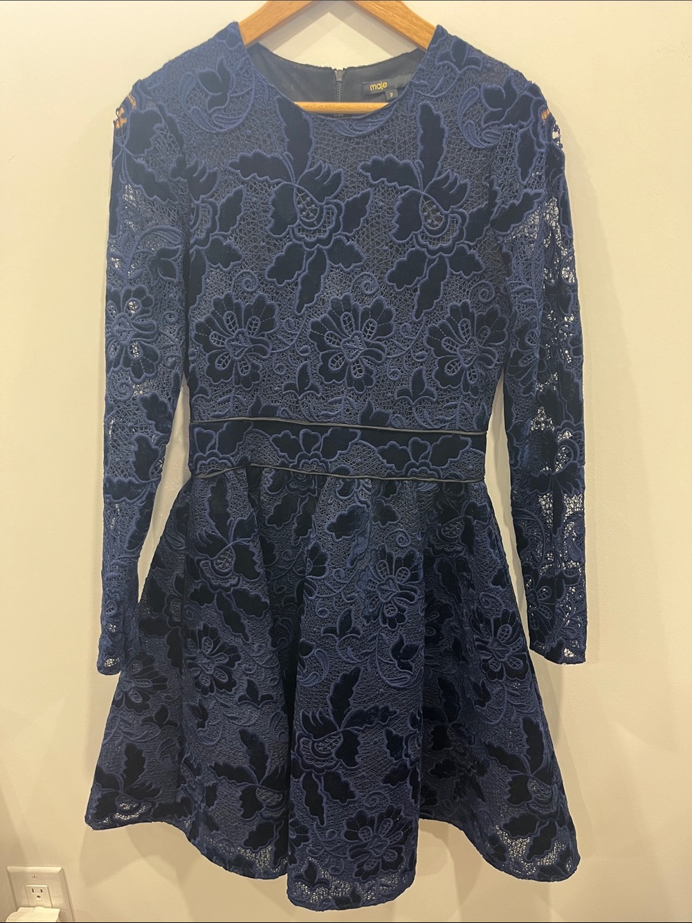 Maje Navy Blue Floral Lace Fit-and-Flare Women’s Dress